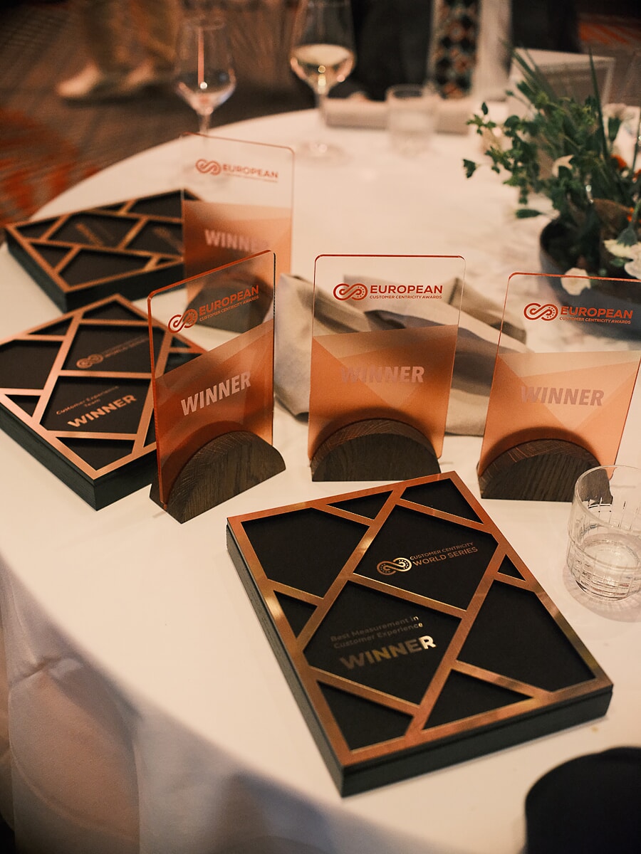 Awards uitgestald op een witte tafel, acrylen winnaarsbordjes naast een ingelijste koperkleurige prijs