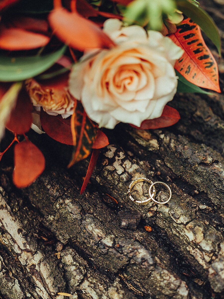 Wedding Ceremony SP19 Trouwringen op boomschors onder een crèmekleurige roos en herfstblad, een natuurlijk detail uit de huwelijksfotografie